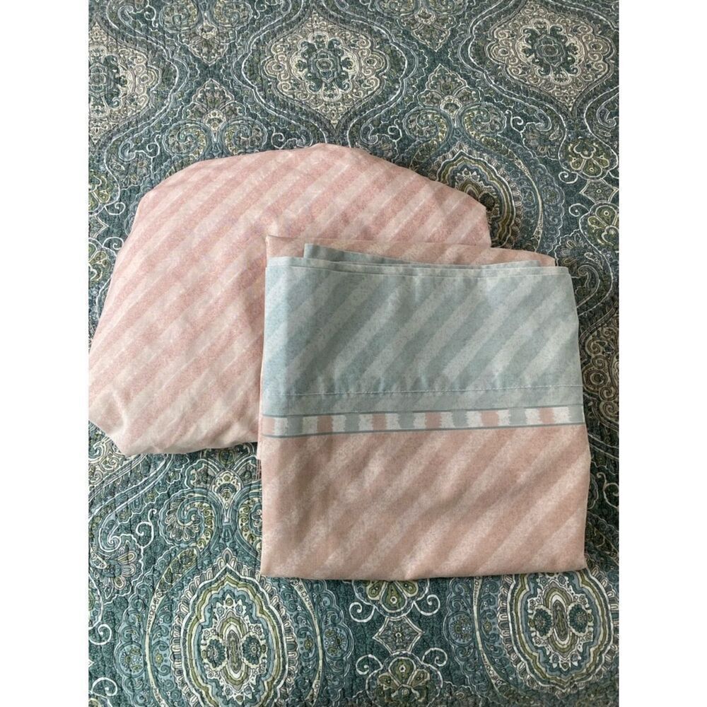 Retro Stevens Flat Sheet 70s blue pink striped queen 2 pc set